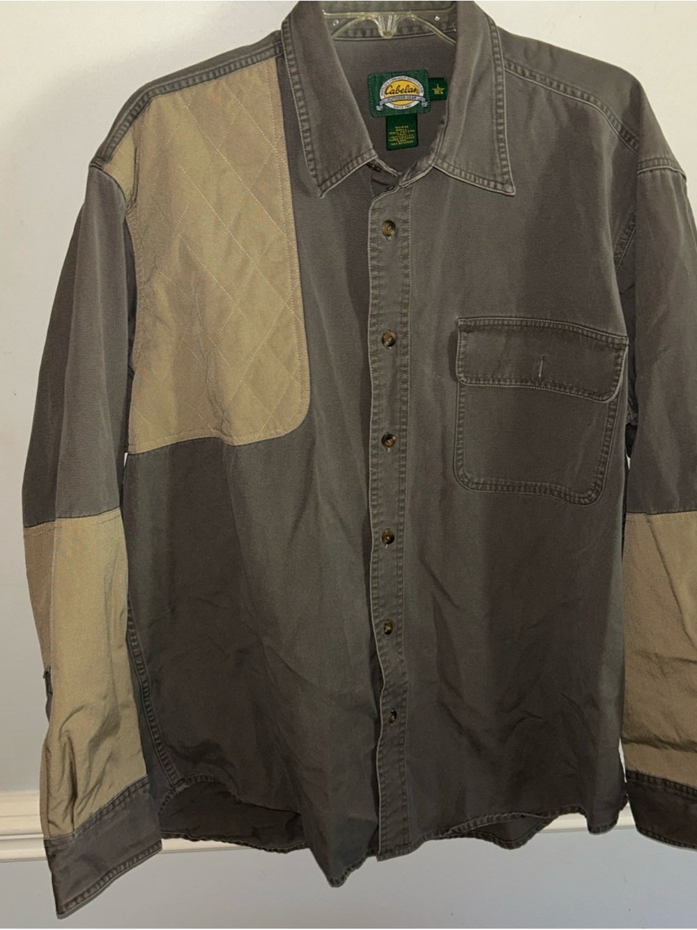 Cabela's Two-Tone Gray and Tan Quilted-Panel Casual Button-Down Shirt